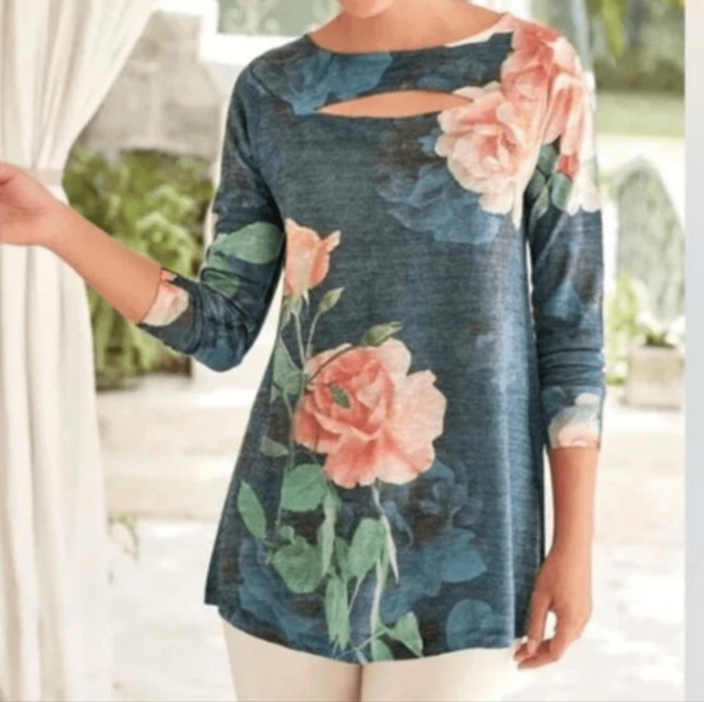 Soft Surroundings | Evening Primrose Floral Knit Tunic Top Cutout Neck Detail